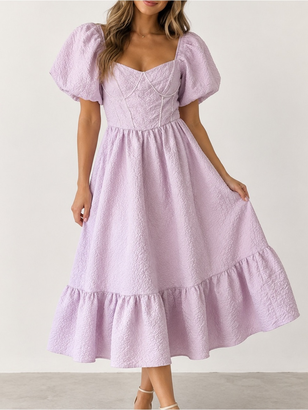 Simplee Lavender Puff Sleeve Pearl Trim Midi Dress Sweetheart Tiered Ruffle S